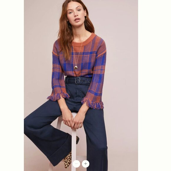 Anthropologie Moon River Fringed Plaid Pullover Sweater Size Small - Picture 3 of 7